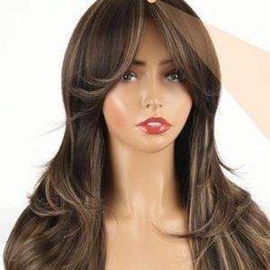 26 Inch Brown Blonde Mix Synthetic Wig with Curtain Bangs and Layers w/ Eyelash